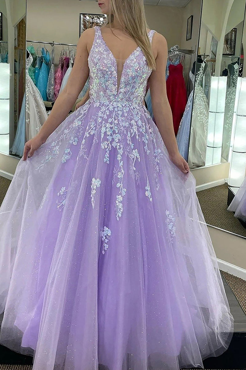 Load image into Gallery viewer, Spaghetti Straps A Line Lilac Sparkly Prom Dress with Appliques