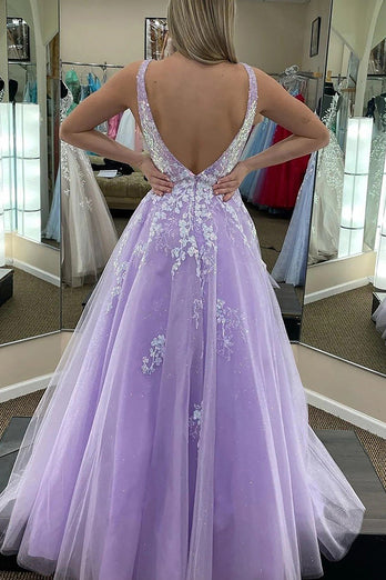 Spaghetti Straps A Line Lilac Sparkly Prom Dress with Appliques