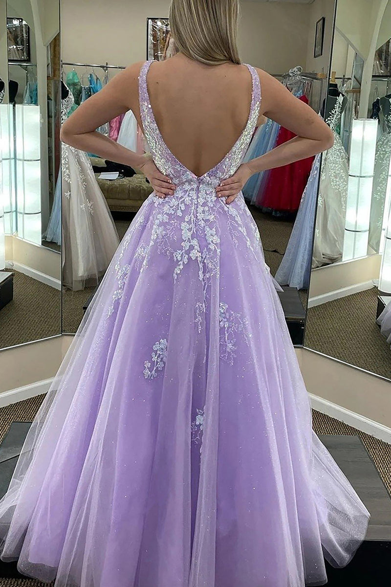 Load image into Gallery viewer, Spaghetti Straps A Line Lilac Sparkly Prom Dress with Appliques