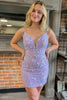 Load image into Gallery viewer, Sparkly Purple Spaghetti Straps Lace-Up Back Tight Homecoming Dress with Beading