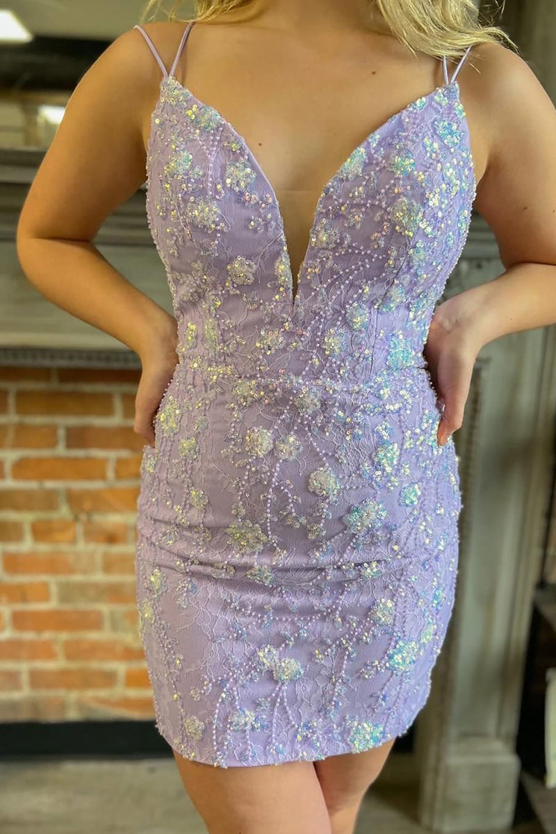Load image into Gallery viewer, Sparkly Purple Spaghetti Straps Lace-Up Back Tight Homecoming Dress with Beading
