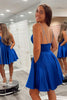 Load image into Gallery viewer, A-Line Royal Blue Deep V Neck Spaghetti Straps Short Homecoming Dress