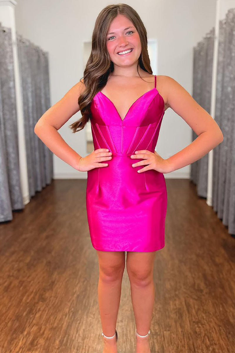 Load image into Gallery viewer, Bodycon Fuchsia Spaghetti Straps Short Homecoming Dresses