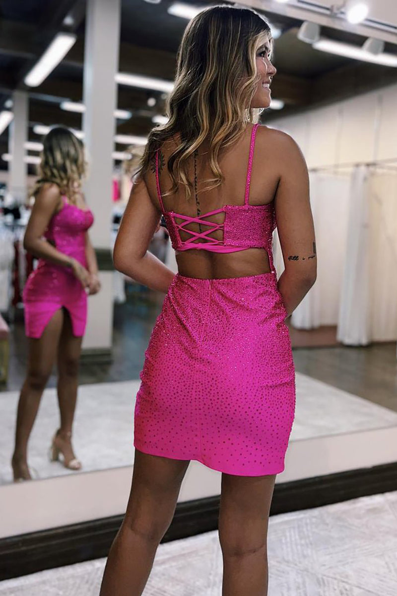 Load image into Gallery viewer, Sheath Spaghetti Straps Fuchsia Beaded Short Homecoming Dress with Slit