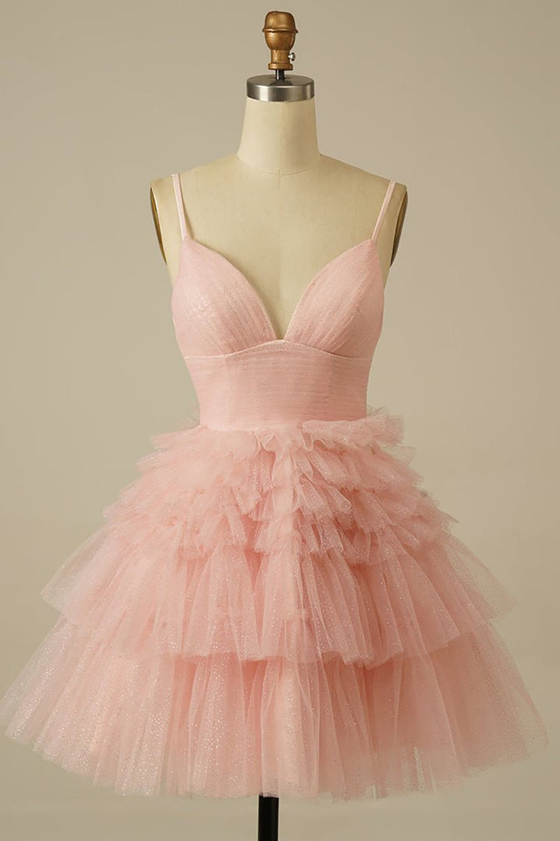 Load image into Gallery viewer, A Line Pink Spaghetti Straps Tiered Short Homecoming Dress with Ruffles