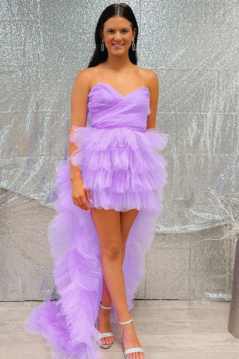Lilac Tulle Strapless High-Low Homecoming Dress with Ruffles