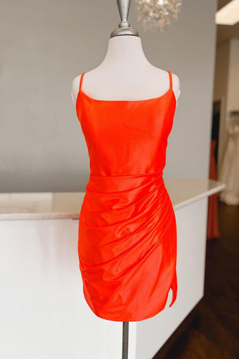 Orange Tight Spaghetti Straps Lace-Up Ruched Homecoming Dress with Slit