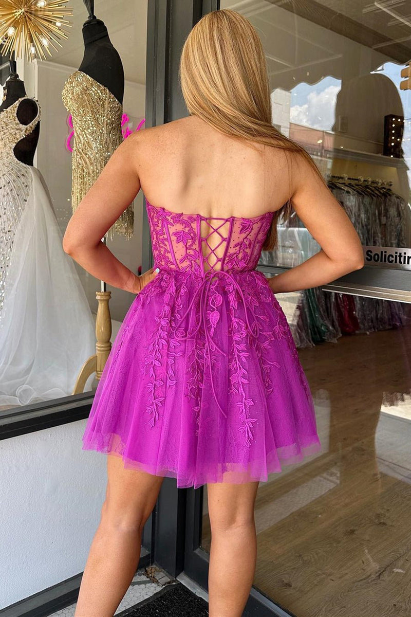 Load image into Gallery viewer, Fuchsia A-Line Sweetheart Short Corset Homecoming Dress With Appliques