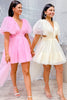 Load image into Gallery viewer, Pink Plunge V A-Line Short Tulle Homecoming Dress with Flutter Sleeves