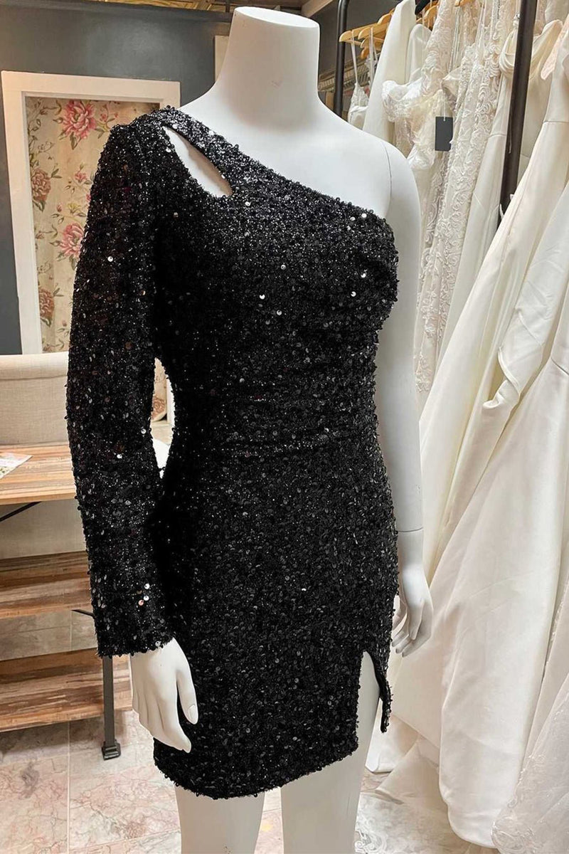 Load image into Gallery viewer, Black Sequins One-Sleeve Keyhole Short Homecominh Dress With Slit