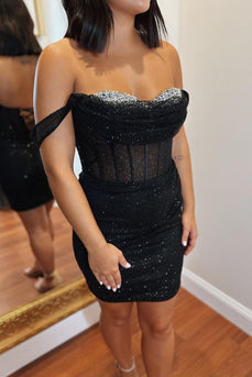 Sparkly Black Off the Shoulder Homecoming Dress with Sequins