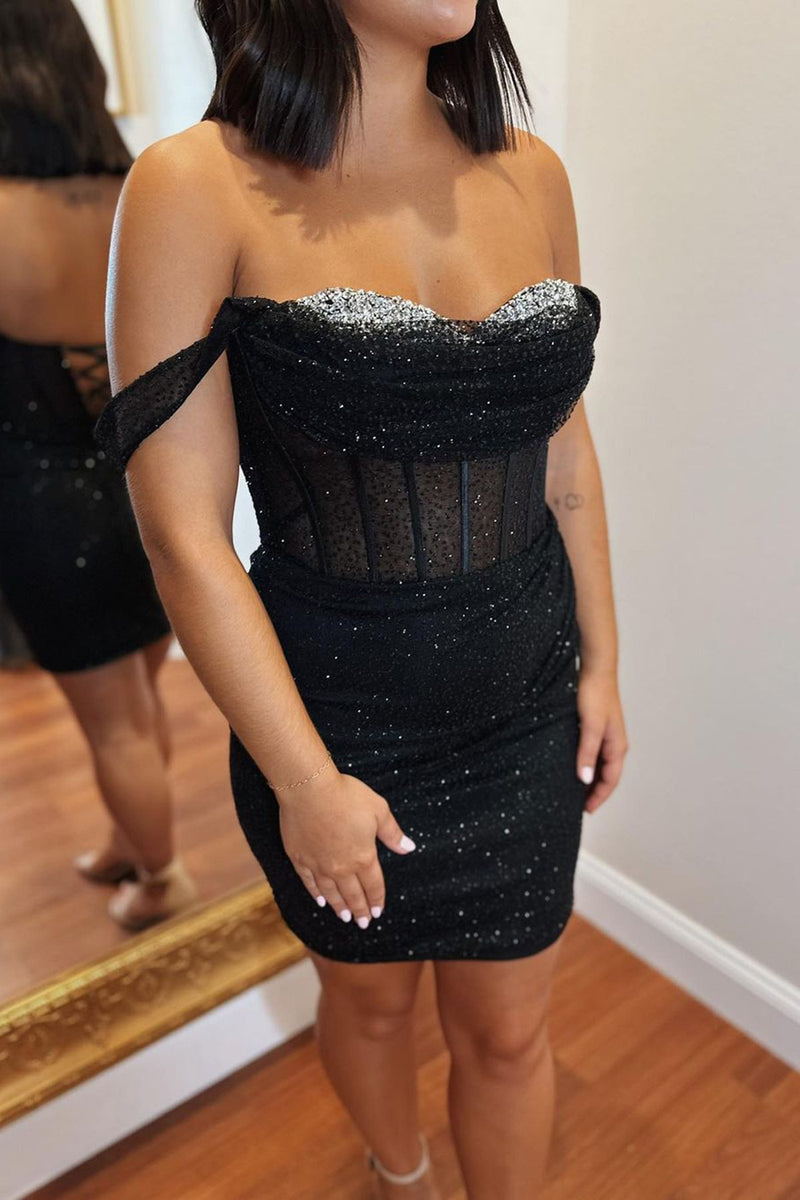 Load image into Gallery viewer, Sparkly Black Off the Shoulder Homecoming Dress with Sequins