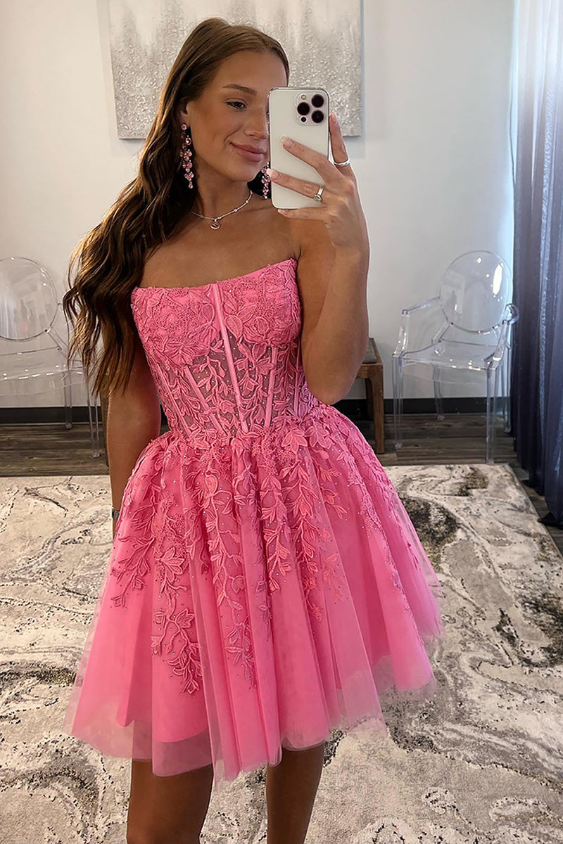 Load image into Gallery viewer, A Line Sweetheart Corset Tulle Homecoming Dresses for Teens With Appliques