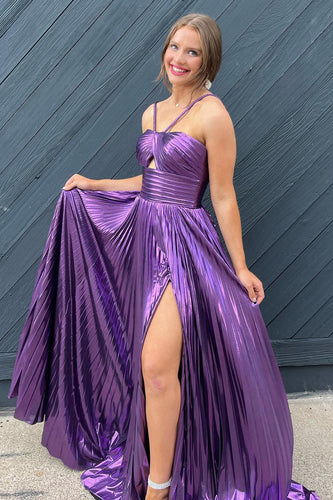 Glitter Purple Backless Long Prom Dress With Slit