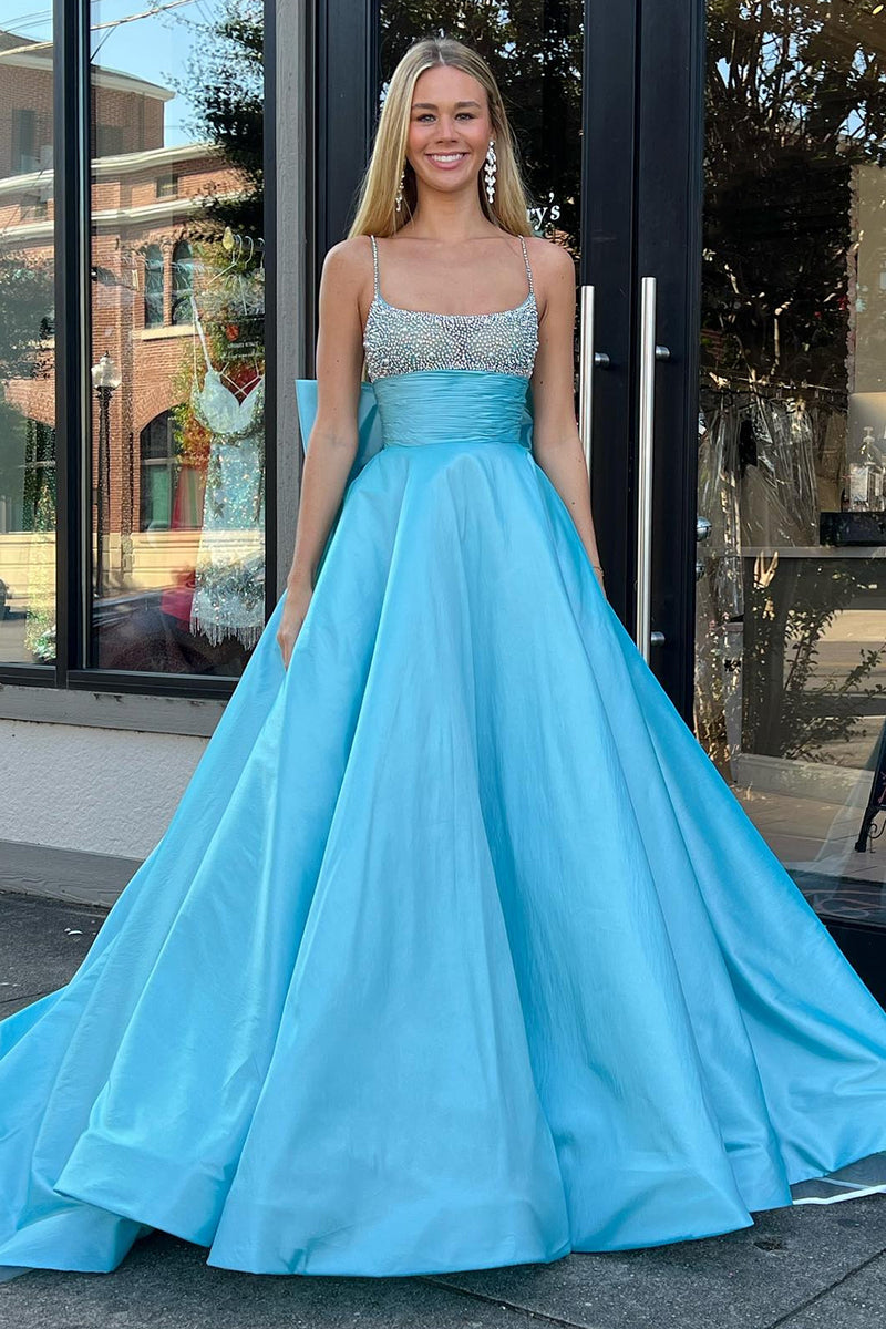 Load image into Gallery viewer, A Line Blue Beaded Long Prom Dress With Bowknot