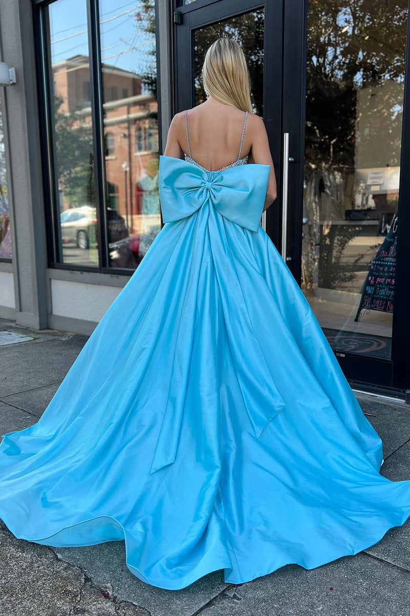 Load image into Gallery viewer, A Line Blue Beaded Long Prom Dress With Bowknot