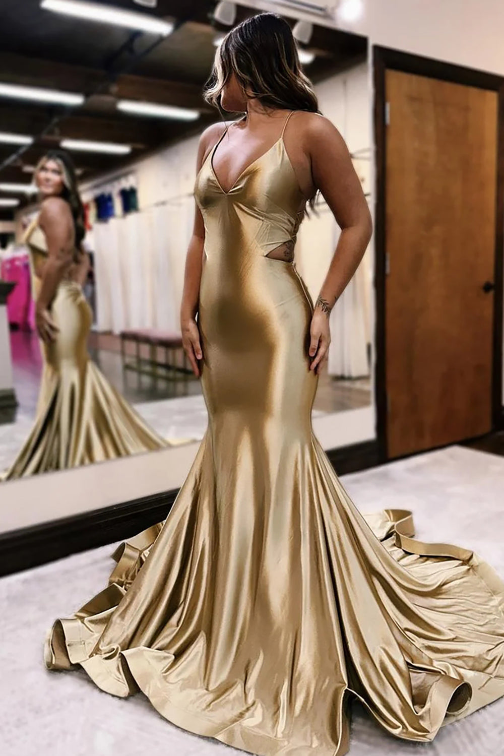 Gold Spaghetti Straps Satin Long Prom Dress