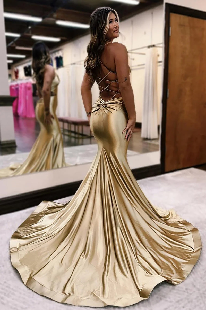 Load image into Gallery viewer, Gold Spaghetti Straps Satin Long Prom Dress