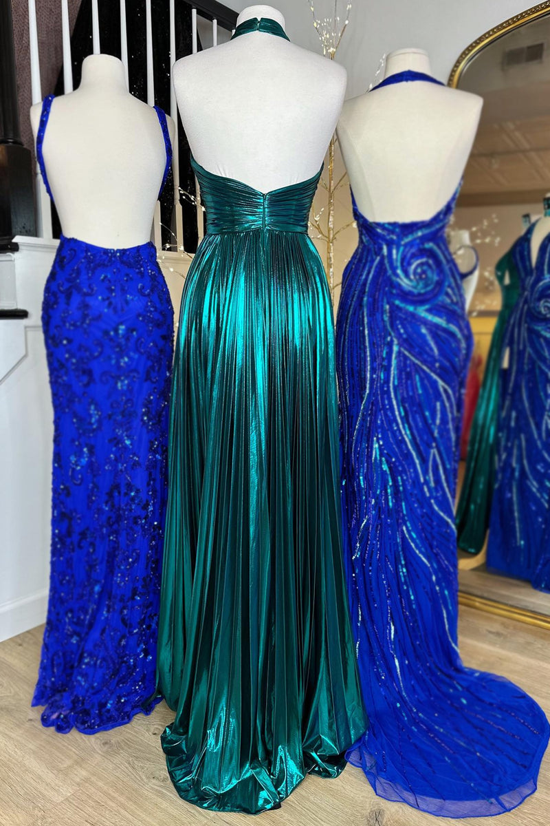 Load image into Gallery viewer, Glitter Turquoise Halter Cut Out Backless Long Prom Dress With Slit