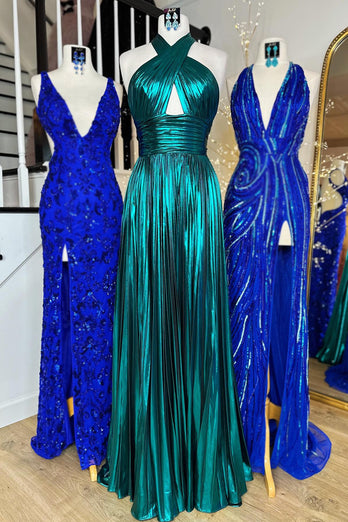 Glitter Turquoise Halter Cut Out Backless Long Prom Dress With Slit