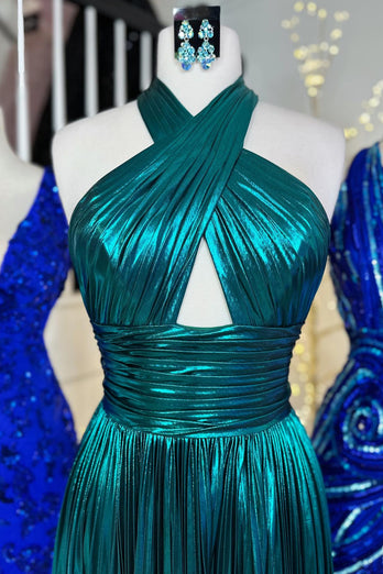 Glitter Turquoise Halter Cut Out Backless Long Prom Dress With Slit