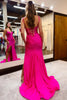 Load image into Gallery viewer, Fuchsia Sparkly Corset Sheath Long Prom Dress with Slit