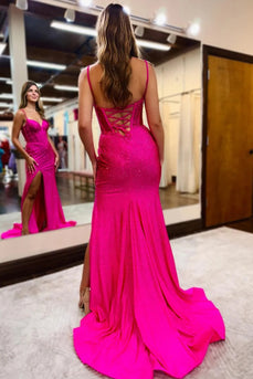 Fuchsia Sparkly Corset Sheath Long Prom Dress with Slit