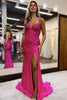 Load image into Gallery viewer, Fuchsia Sparkly Corset Sheath Long Prom Dress with Slit