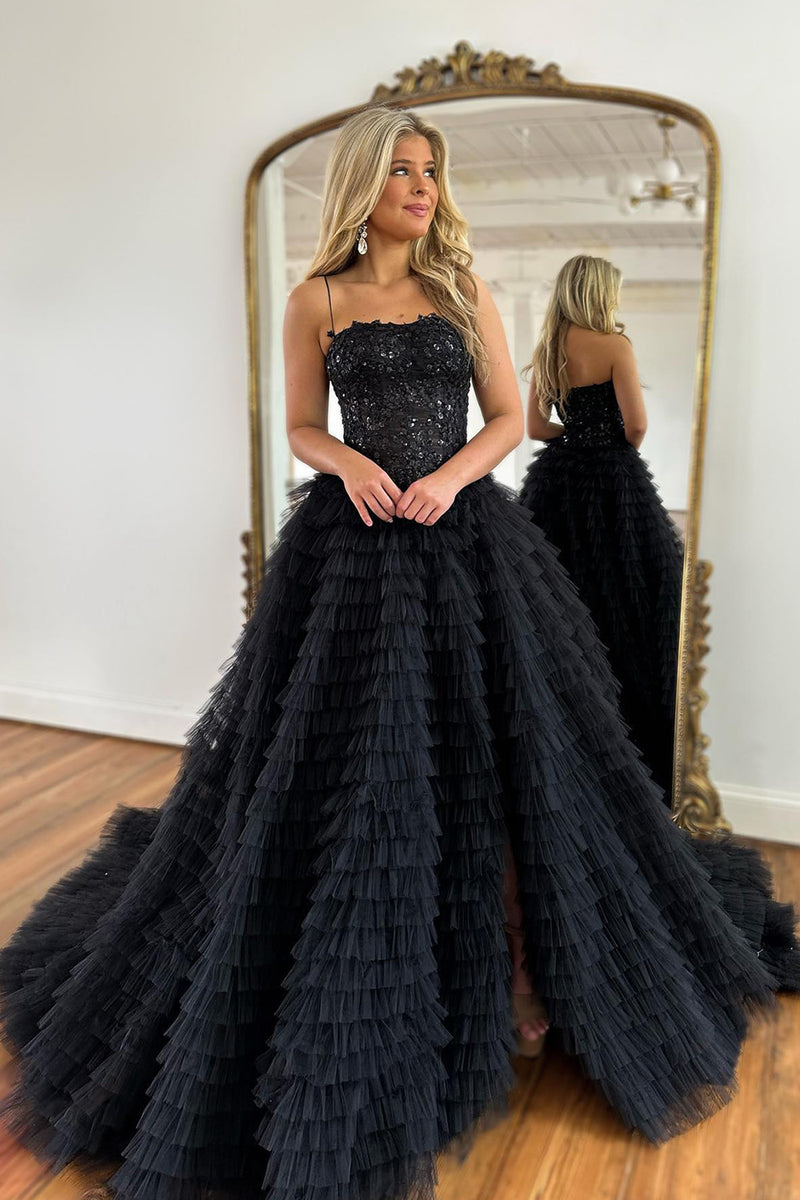 Load image into Gallery viewer, Sparkly Black Spaghetti Straps Tulle A Line Long Corset Prom Dress With Slit