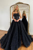 Load image into Gallery viewer, Sparkly Black Spaghetti Straps Tulle A Line Long Corset Prom Dress With Slit