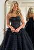 Load image into Gallery viewer, Sparkly Black Spaghetti Straps Tulle A Line Long Corset Prom Dress With Slit