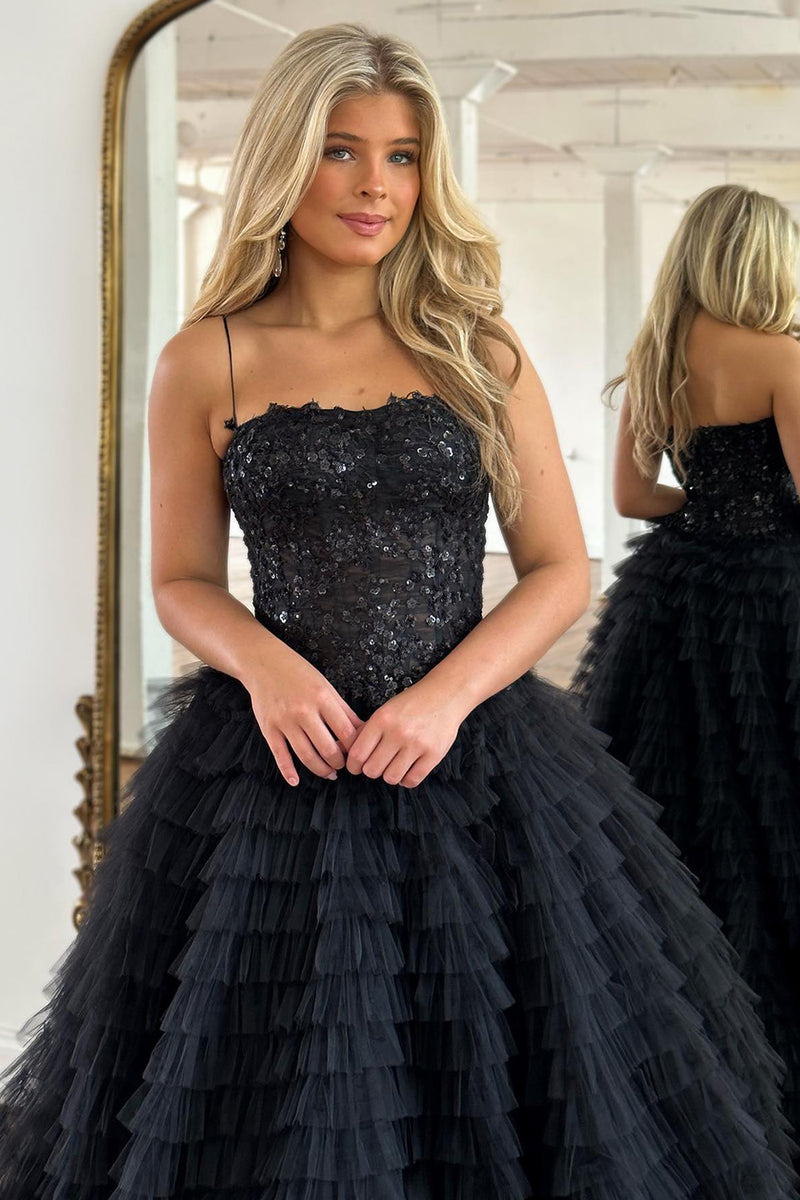 Load image into Gallery viewer, Sparkly Black Spaghetti Straps Tulle A Line Long Corset Prom Dress With Slit