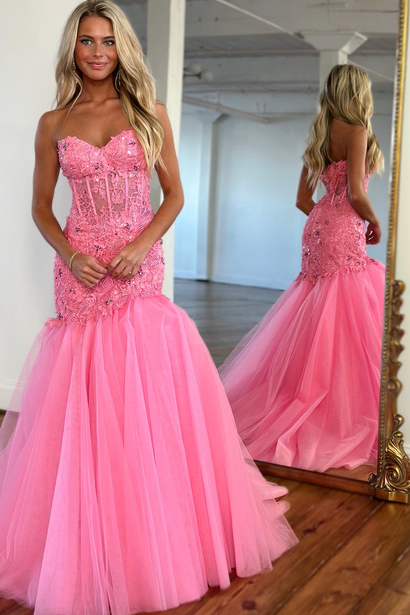 Load image into Gallery viewer, Glitter Pink Sweetheart Tulle Mermaid Long Corset Prom Dress