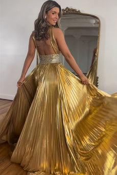 Sparkly Golden A Line Beaded Metallic Long Prom Dress With Slit