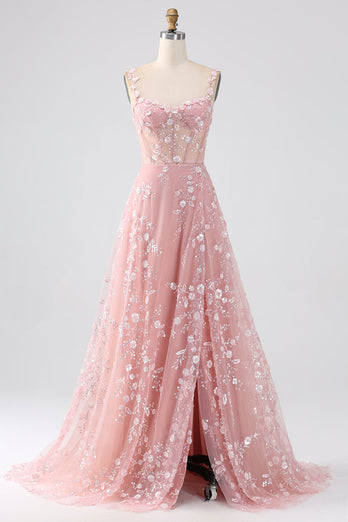 Blush Spaghetti Straps Corset Prom Dress with Appliques