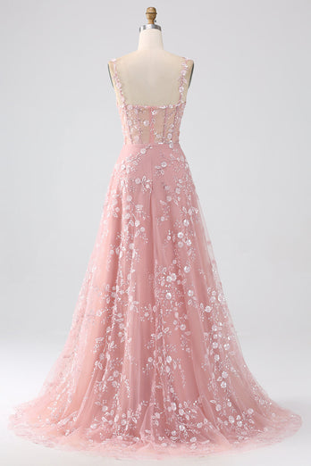 Blush Spaghetti Straps Corset Prom Dress with Appliques