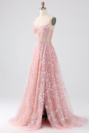 Blush Spaghetti Straps Corset Prom Dress with Appliques