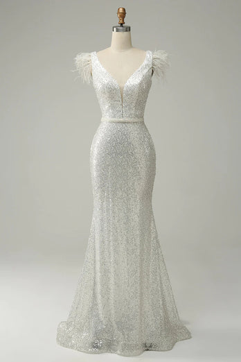 White Mermaid V-Neck Prom Dress With Beading
