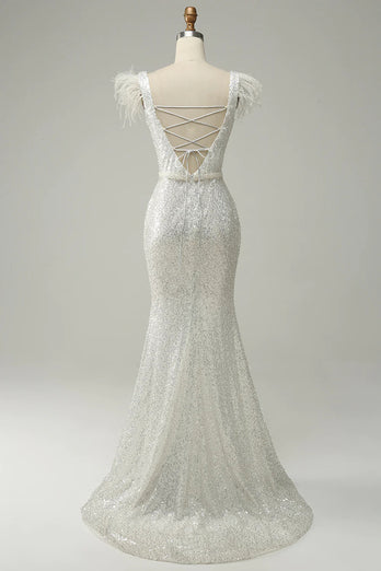 White Mermaid V-Neck Prom Dress With Beading