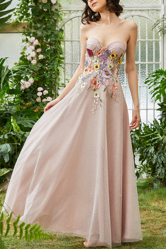 Elegant A Line Strapless Blush Long Wedding Guest Dress with 3D Flowers