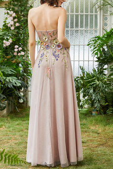 Elegant A Line Strapless Blush Long Wedding Guest Dress with 3D Flowers