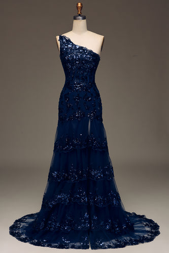 Glitter Dark Navy Tulle Long Corset Prom Dress With Appliques