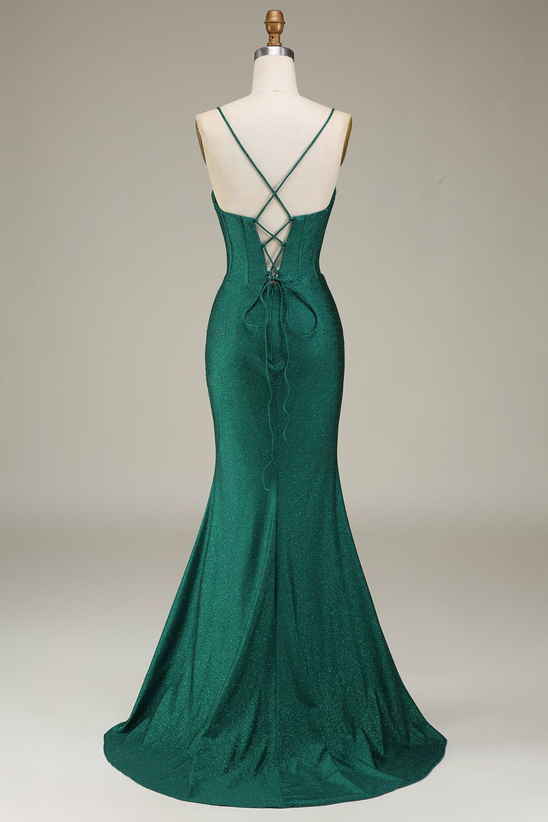 Load image into Gallery viewer, Satin Spaghetti Straps Dark Green Corset Prom Dress