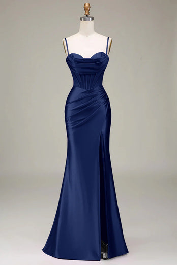 Purple Satin Spaghetti Straps Long Prom Dress with Slit