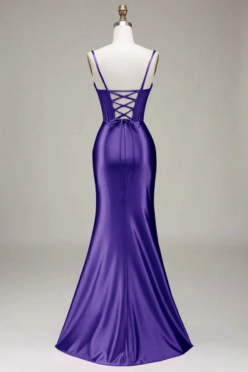 Purple Satin Spaghetti Straps Long Prom Dress with Slit