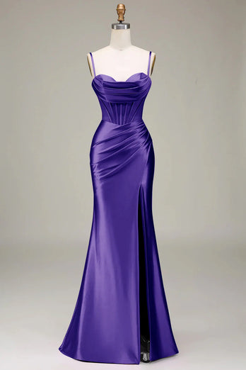 Purple Satin Spaghetti Straps Long Prom Dress with Slit