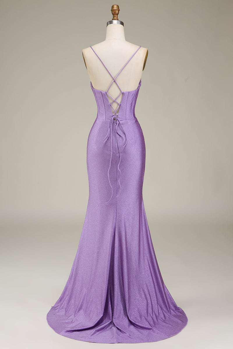 Load image into Gallery viewer, Satin Spaghetti Straps Lilac Prom Dress with Corset