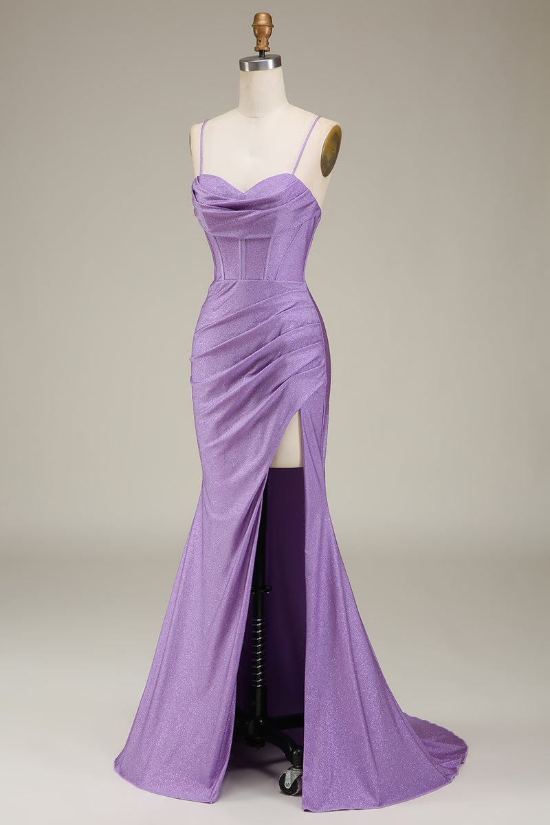 Load image into Gallery viewer, Satin Spaghetti Straps Lilac Prom Dress with Corset