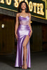 Load image into Gallery viewer, Purple Satin Spaghetti Straps Long Prom Dress with Slit