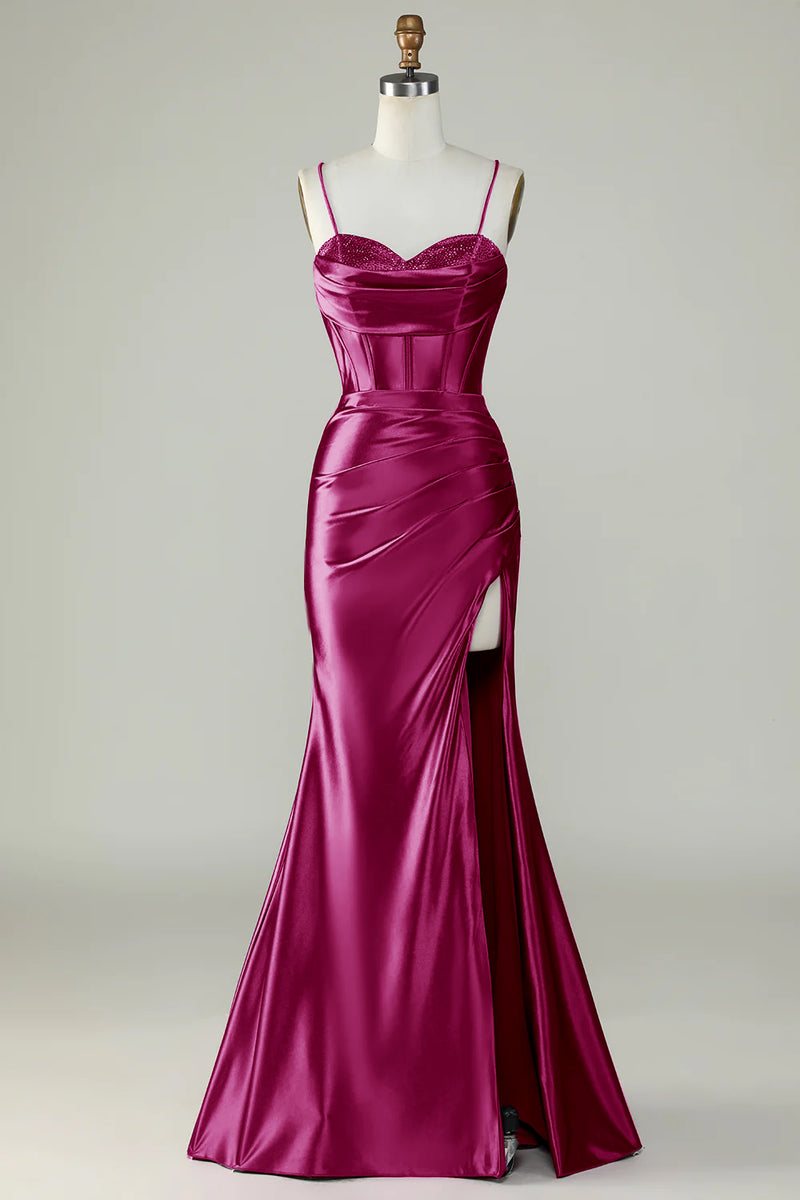 Load image into Gallery viewer, Dark Purple Spaghetti Straps Mermaid Long Prom Dress With Slit